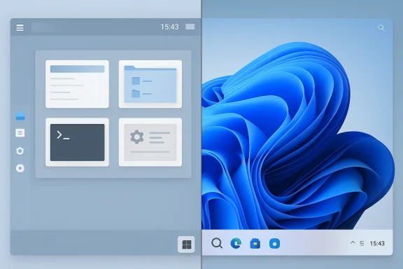 Split-screen of a Windows desktop UI with blue abstract wallpaper and system panels on the left.