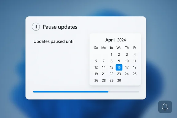 Windows update pause screen showing “Pause updates” until April 15, 2024.