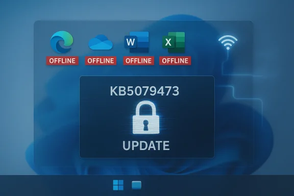 Windows update offline with a locked security screen and Wi‑Fi icon, showing KB5079473.