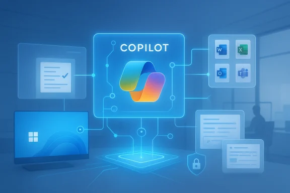 Digital network illustration showing a “COPILOT” hub connected to Microsoft Office app icons and documents.