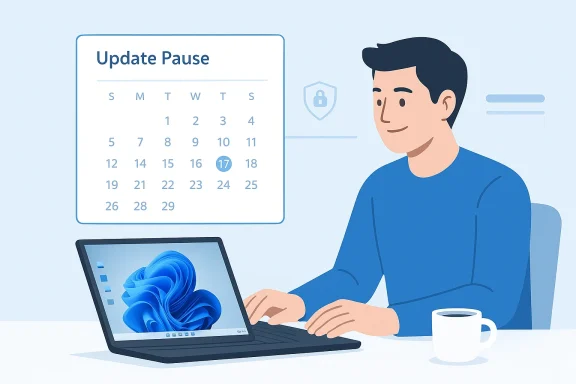 Illustration of a man working at a laptop with a calendar showing “Update Pause” scheduled.