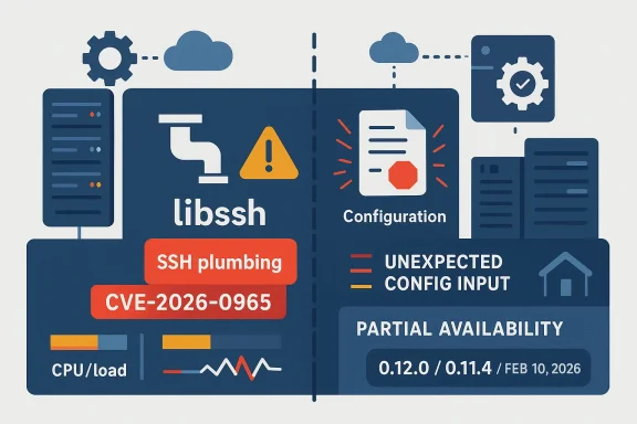 Illustration of a cybersecurity warning about “libssh” with an SSH plumbing issue and unexpected config input.