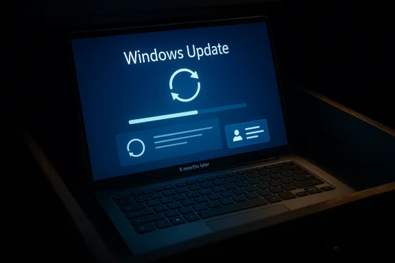 Laptop screen shows “Windows Update” with a loading/refresh icon.