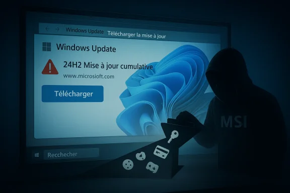 A person using a laptop shows a Windows Update “Télécharger” warning screen with a red error icon.