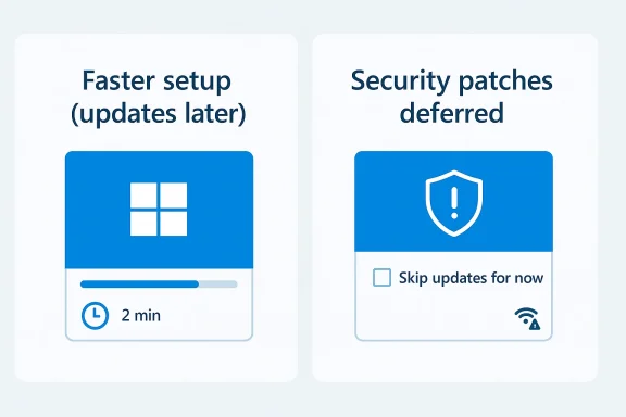 Split-screen UI graphic showing faster setup (2 min) versus deferred security patches with a shield alert.