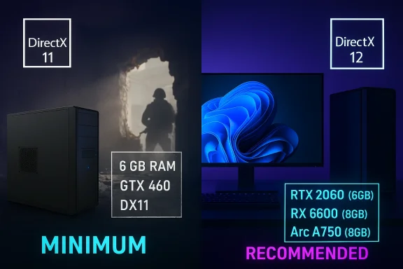 Gaming PC upgrade graphic highlighting DirectX 11/12 support with minimum and recommended GPU specs.