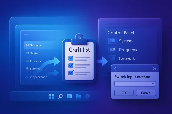Blue UI mockup showing a “Craft list” window, arrows, and a “Switch input method” dialog.