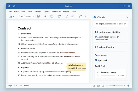 Word contract document open with “Contract” heading and a right-side review panel for liability provisions.