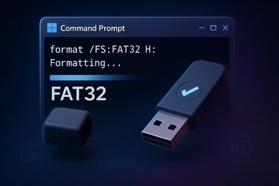 A Windows Command Prompt window shows formatting an FAT32 drive, with a USB flash drive labeled “32GB.”
