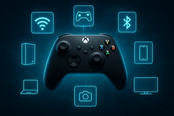 Futuristic game controller with neon cloud, phone, Bluetooth, and device icons in a digital glow.