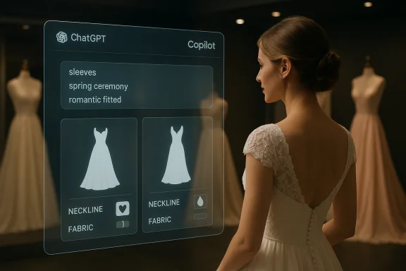 Woman in a dress beside a glowing ChatGPT/Copilot interface suggesting neckline and fabric styles.