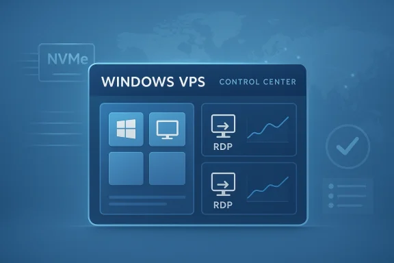 Windows VPS Control Center dashboard with RDP and server icons on a blue tech background.
