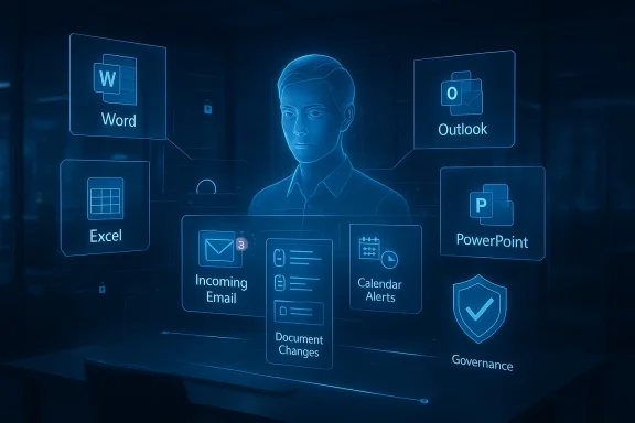 Futuristic blue holographic dashboard featuring Microsoft apps and IT alerts around a central avatar.