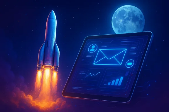 Futuristic rocket blasts beside a glowing hologram displaying an email icon under a blue moonlit sky.