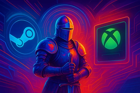 Neon sci‑fi armored knight holding a glowing sword, surrounded by circular rings and hazard icons in blue and red.