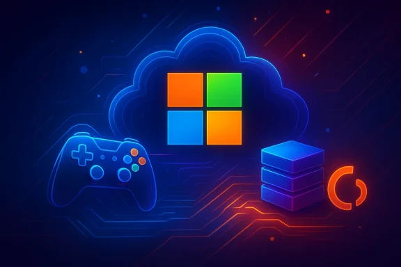 Abstract cloud computing graphic with a game controller, server stack, and sync icon on a circuit-board background.