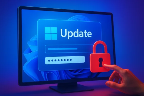 Hand unlocking a Windows Update screen on a desktop monitor with a red padlock icon.