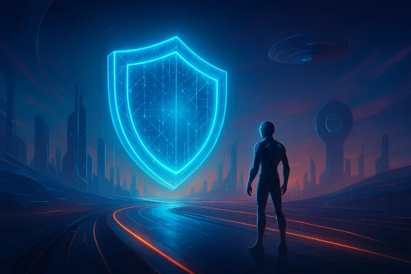 A futuristic figure stands on neon tracks beneath a glowing digital shield in a cyberpunk city.