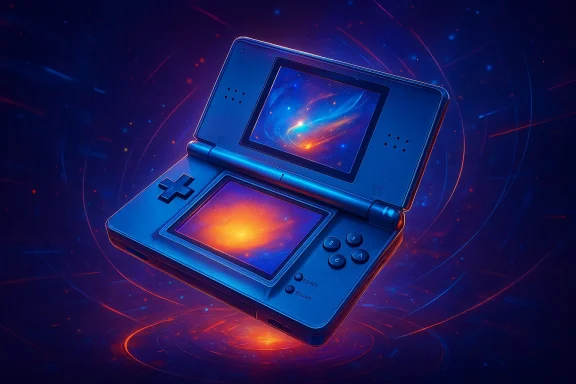Retro handheld gaming console in neon blue, floating above a futuristic galaxy and light trails background.