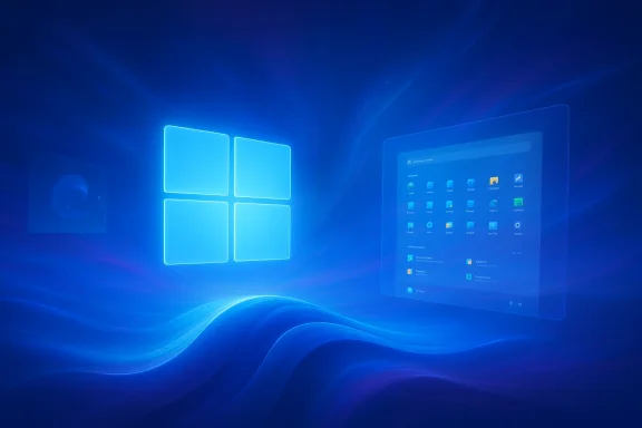 Blue Windows desktop glow with four app tiles and a start menu on a wave-like background.
