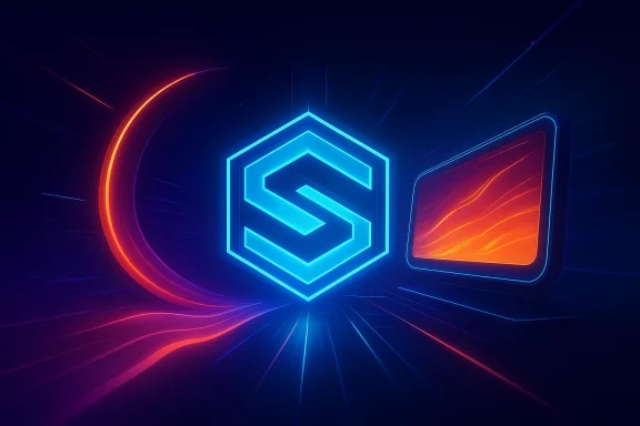Neon cyber logo with a glowing blue shield, colorful streaks, and a red-orange panel in futuristic style.