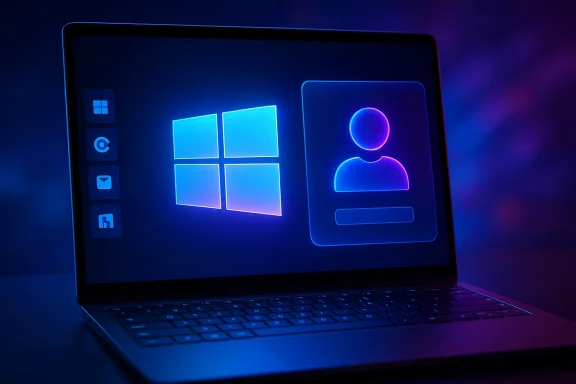 Neon-lit laptop screen showing Windows logo, user icon, and selection interface on a dark blue background.