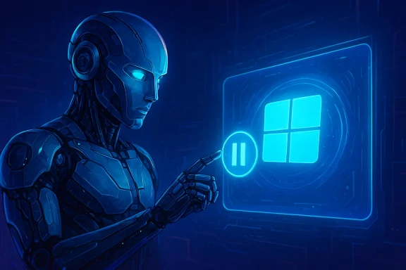 Cyborg robot points toward a glowing Windows logo on a futuristic blue interface.