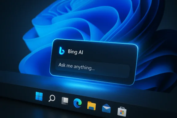 Bing AI search prompt glows on a blue Windows desktop background with icons.