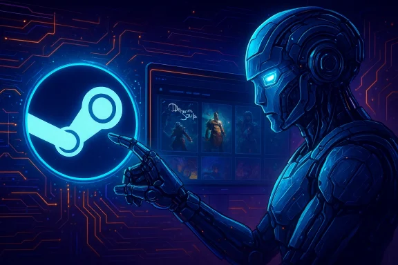 Futuristic blue sci‑fi scene with a robotic helmet and gun beside a glowing nuclear-like symbol.