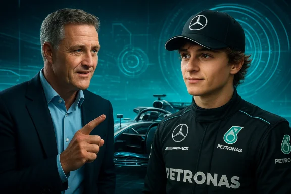 Two Mercedes team members, one in a cap and racing suit, discuss beside a futuristic car backdrop.