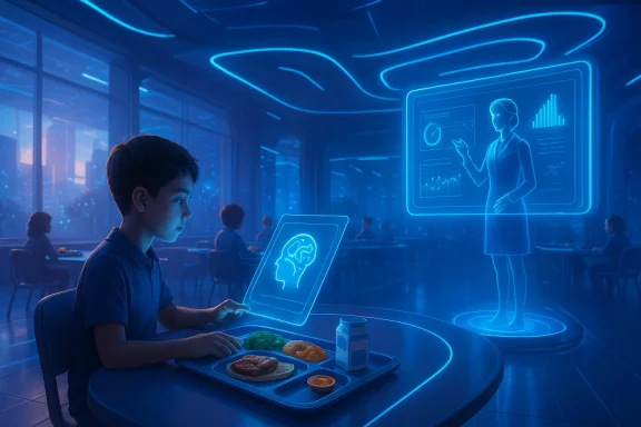 A student in a neon-lit cafeteria uses a glowing tablet while a hologram presents analytics in the background.