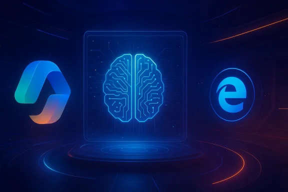 Futuristic neon AI chip display with circuit-brain and technology logos in a glowing blue server room.