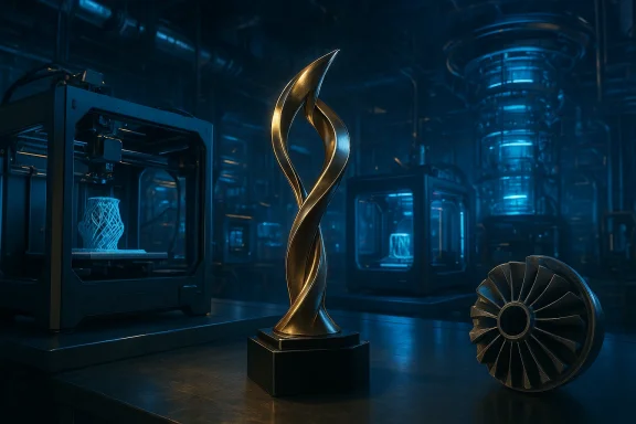 Golden trophy sculpture stands on a pedestal in a futuristic blue-lit laboratory.