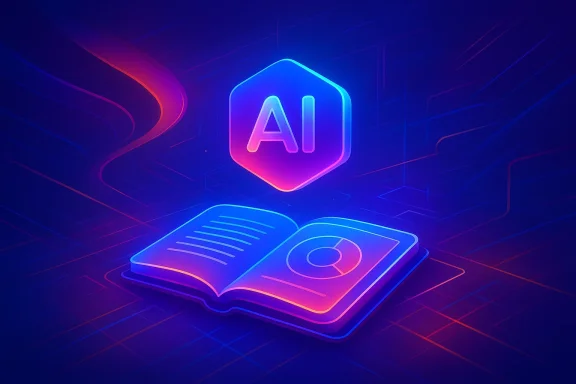 Neon AI icon above an illuminated open book on a futuristic blue-violet circuit background.