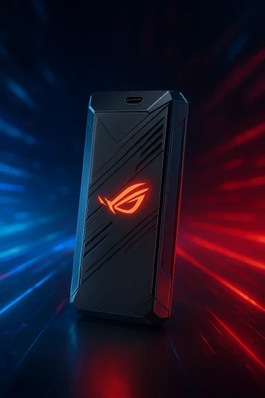 Futuristic armored phone with glowing logo, set against blue-red light trails.