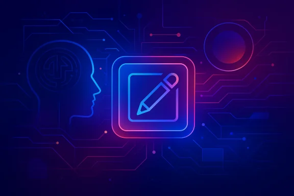 Neon blue-purple circuit pattern with a central square containing a stylized pencil/icon, suggesting tech innovation.