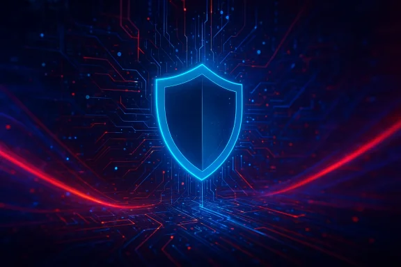 Futuristic glowing shield emblem over a colorful circuit board background.