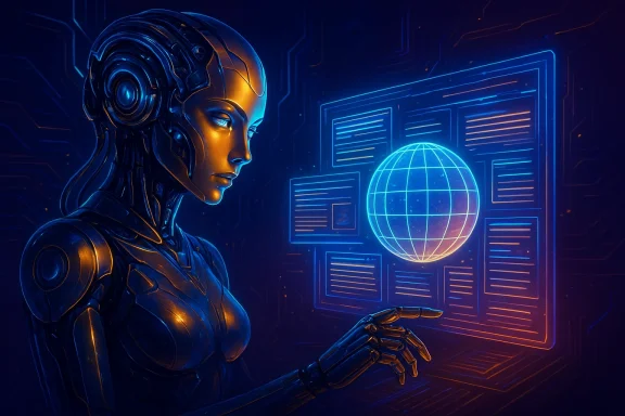 Cybernetic woman in blue-gold armor faces a holographic globe and circuit-like UI.