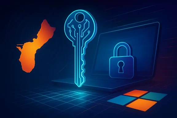 Neon circuit key and lock icons over a digital map, suggesting secure technology and encryption.