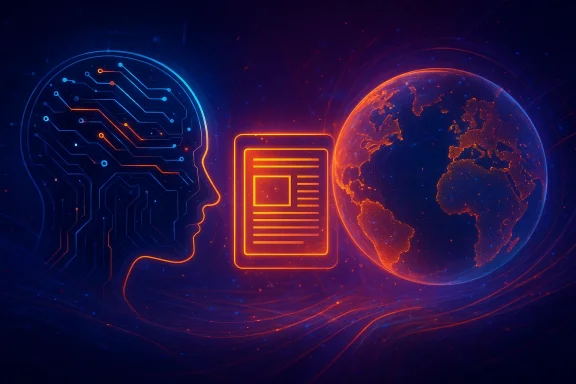 Neon AI concept shows a circuit-brain on the left processing data for a glowing Earth on the right.