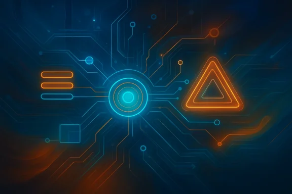 Futuristic circuit board with glowing icons, including “!” alert triangle and a central pulsing core.