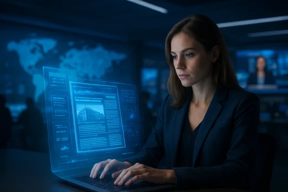 Businesswoman in a dark office studies glowing building blueprint on a laptop.