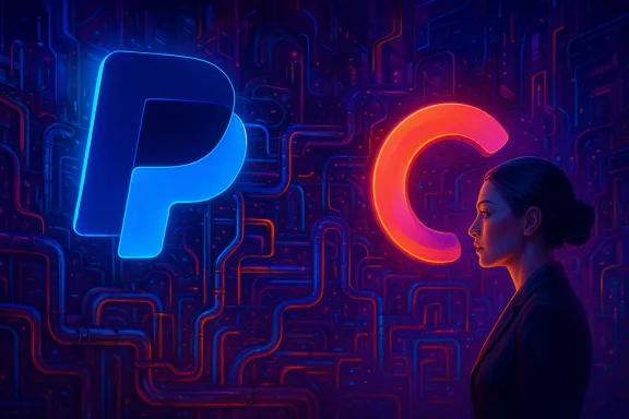 Woman beside glowing blue P and fiery orange C letters in a neon cyberpunk circuit backdrop.