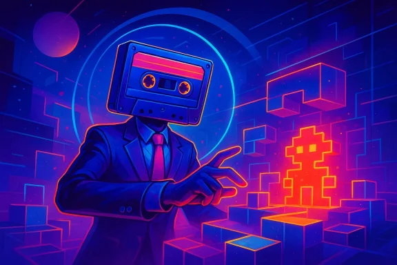 Neon cartoon DJ in a futuristic digital maze, holding a cassette amid glowing cubes and pixel art.