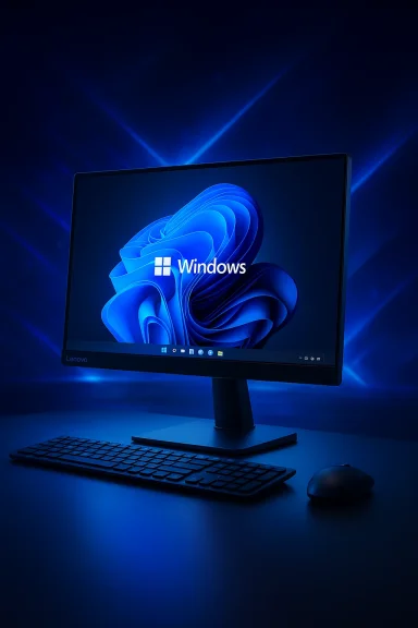 Lenovo desktop setup with a blue Windows 11 screen, keyboard and mouse under glowing blue light.