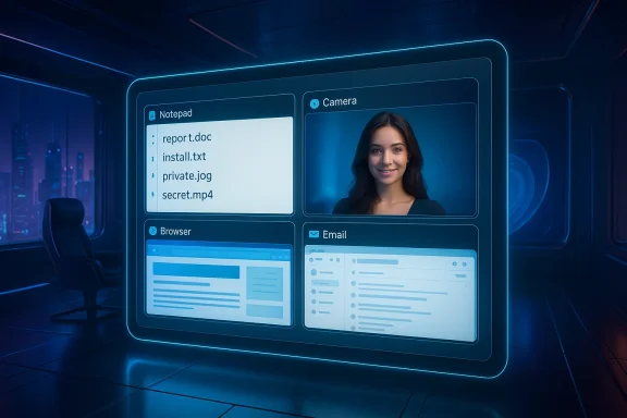 Futuristic blue holographic interface showing Notepad, Camera, Browser, and Email panels.