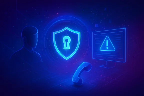 Blue cybersecurity graphic with a shield key icon, warning triangle, and call headset on a futuristic grid.