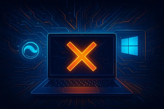 Futuristic laptop screen with a glowing orange “X” over a neon circuit-board background.
