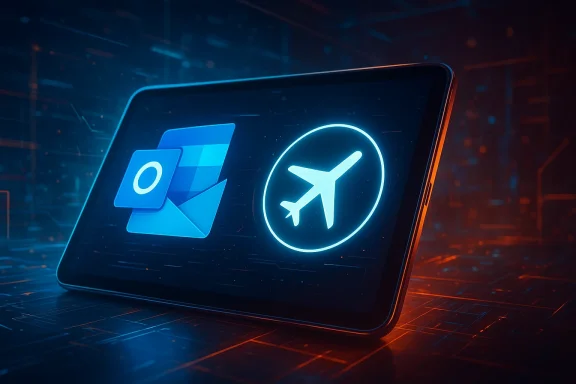 Futuristic tablet screen glowing with cloud-download and airplane icons amid neon city lights.