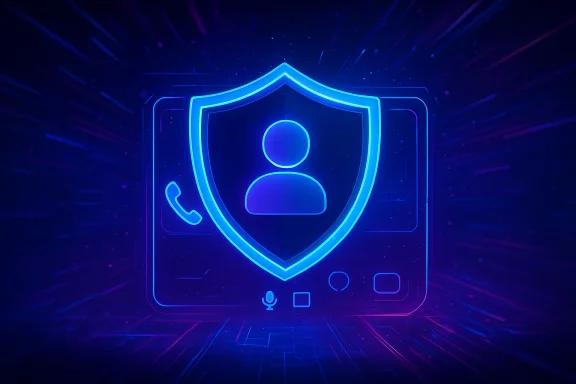 Neon cyber shield with user and phone icons on a glowing blue-purple digital background.